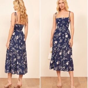 Reformation Kealy Tie Shoulder Midi Dress Navy Blue White 4